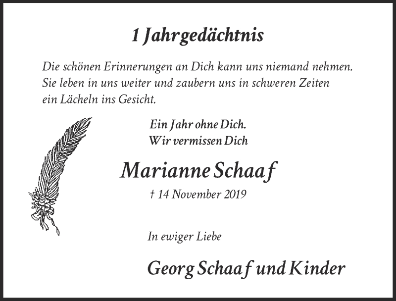  Traueranzeige für Marianne Schaaf vom 13.11.2020 aus  Kölner Wochenspiegel 