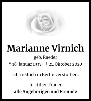 Anzeige von Marianne Virnich von Kölner Stadt-Anzeiger / Kölnische Rundschau / Express