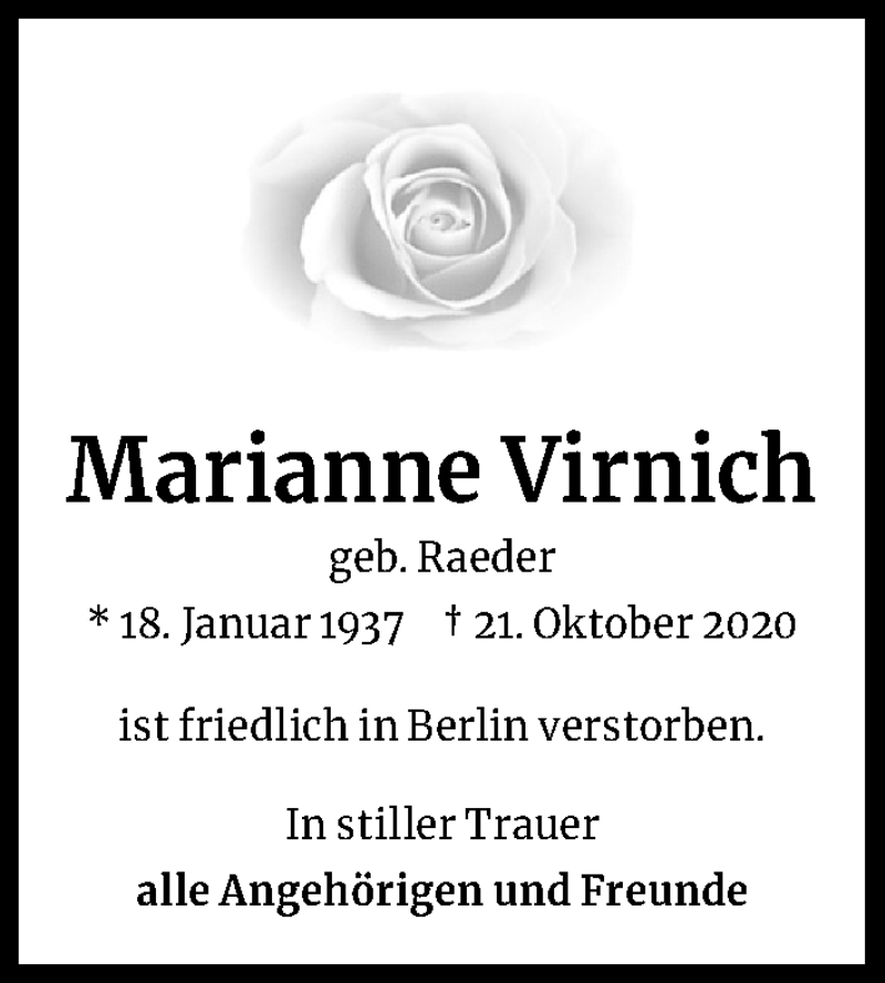  Traueranzeige für Marianne Virnich vom 31.10.2020 aus Kölner Stadt-Anzeiger / Kölnische Rundschau / Express