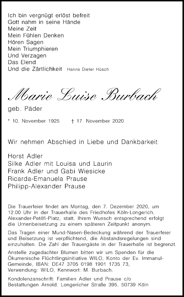  Traueranzeige für Marie Luise Burbach vom 28.11.2020 aus Kölner Stadt-Anzeiger / Kölnische Rundschau / Express