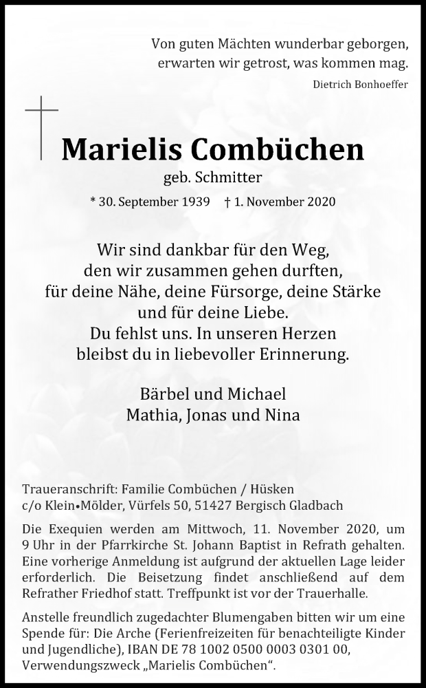  Traueranzeige für Marielis Combüchen vom 07.11.2020 aus Kölner Stadt-Anzeiger / Kölnische Rundschau / Express