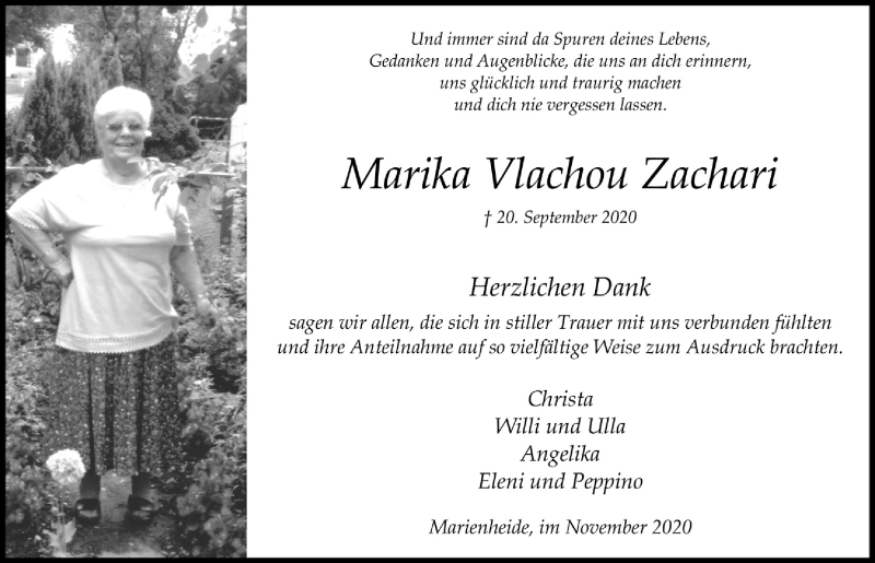  Traueranzeige für Marika Vlachou Zachari vom 06.11.2020 aus  Anzeigen Echo 