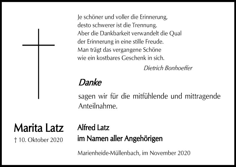  Traueranzeige für Marita Latz vom 28.11.2020 aus Kölner Stadt-Anzeiger / Kölnische Rundschau / Express