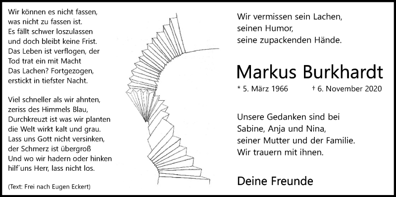  Traueranzeige für Markus Burkhardt vom 14.11.2020 aus Kölner Stadt-Anzeiger / Kölnische Rundschau / Express