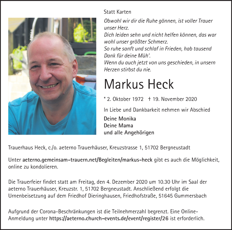  Traueranzeige für Markus Heck vom 28.11.2020 aus Kölner Stadt-Anzeiger / Kölnische Rundschau / Express