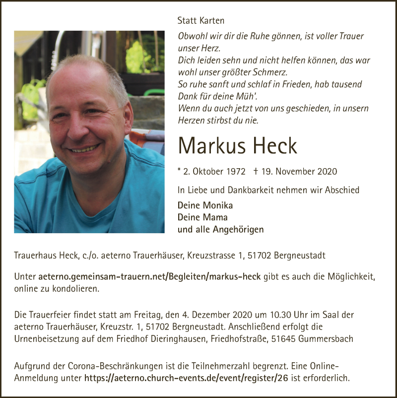  Traueranzeige für Markus Heck vom 27.11.2020 aus  Anzeigen Echo 