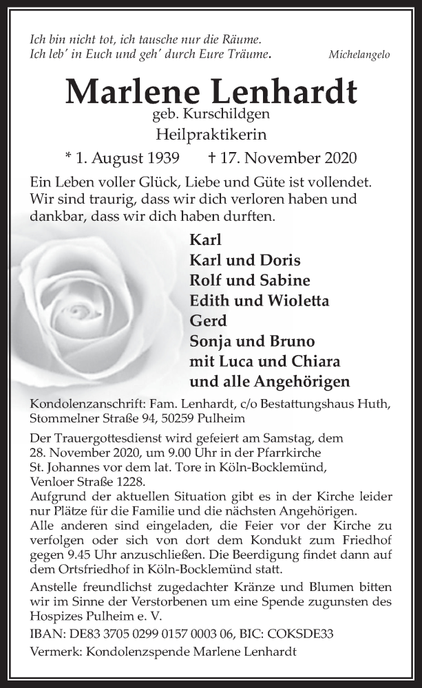  Traueranzeige für Marlene Lenhardt vom 27.11.2020 aus  Wochenende 