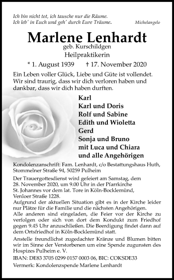 Anzeige von Marlene Lenhardt von Kölner Stadt-Anzeiger / Kölnische Rundschau / Express