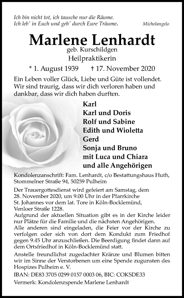  Traueranzeige für Marlene Lenhardt vom 24.11.2020 aus Kölner Stadt-Anzeiger / Kölnische Rundschau / Express