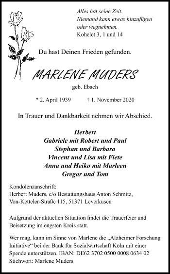 Anzeige von Marlene Muders von Kölner Stadt-Anzeiger / Kölnische Rundschau / Express