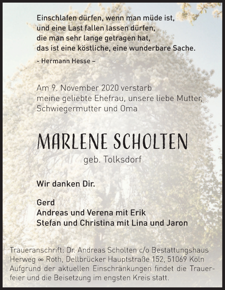  Traueranzeige für Marlene Scholten vom 21.11.2020 aus Kölner Stadt-Anzeiger / Kölnische Rundschau / Express