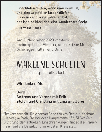 Anzeige von Marlene Scholten von Kölner Stadt-Anzeiger / Kölnische Rundschau / Express