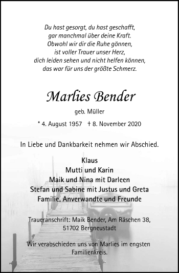 Anzeige von Marlies Bender von  Anzeigen Echo 