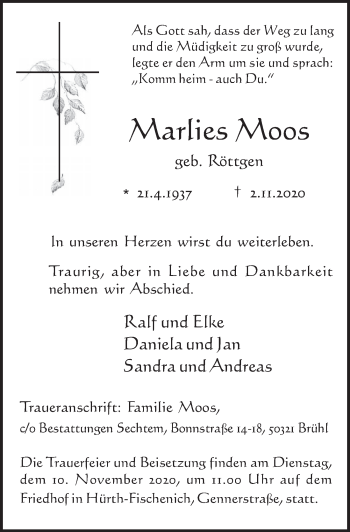 Anzeige von Marlies Moos von  Wochenende 