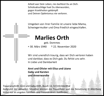 Anzeige von Marlies Orth von Kölner Stadt-Anzeiger / Kölnische Rundschau / Express