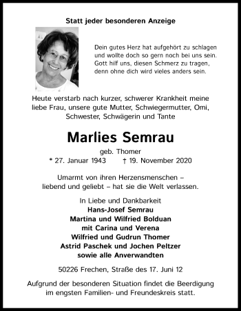 Anzeige von Marlies Semrau von Kölner Stadt-Anzeiger / Kölnische Rundschau / Express