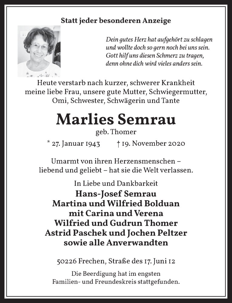  Traueranzeige für Marlies Semrau vom 27.11.2020 aus  Wochenende 