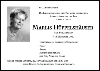 Anzeige von Marlis Hüppelshäuser von Kölner Stadt-Anzeiger / Kölnische Rundschau / Express