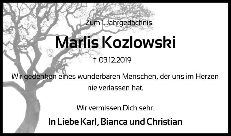  Traueranzeige für Marlis Kozlowski vom 28.11.2020 aus Kölner Stadt-Anzeiger / Kölnische Rundschau / Express