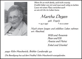 Anzeige von Martha Degen von  Kölner Wochenspiegel 