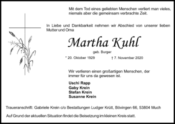 Anzeige von Martha Kuhl von Kölner Stadt-Anzeiger / Kölnische Rundschau / Express