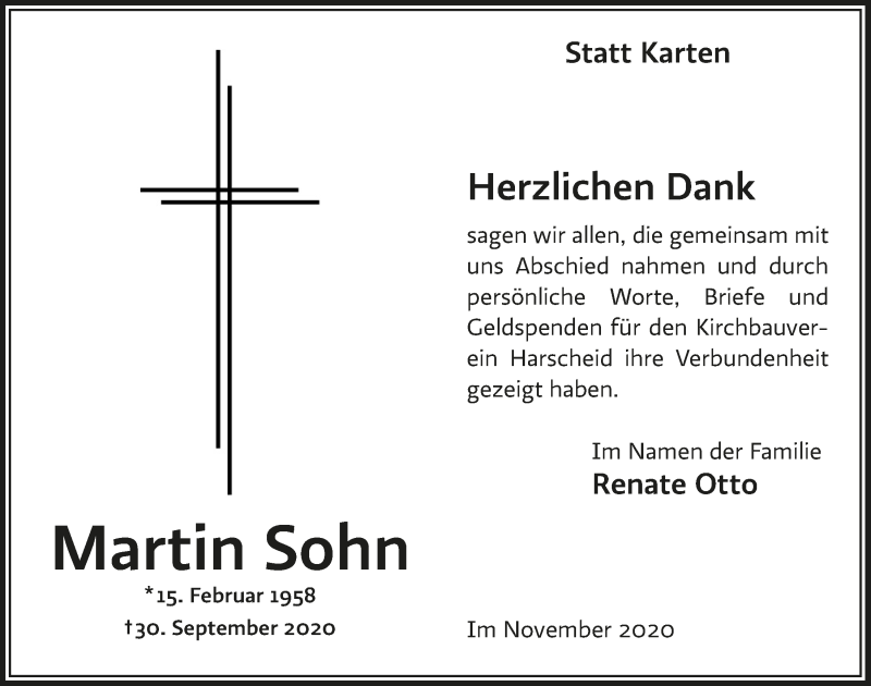  Traueranzeige für Martin Sohn vom 13.11.2020 aus  Lokalanzeiger 