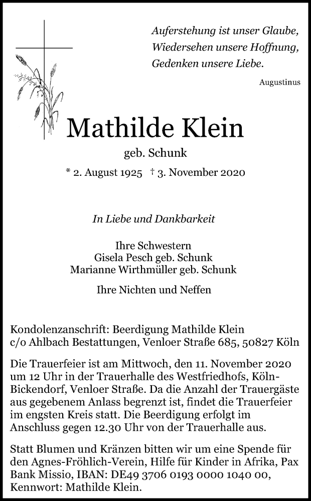  Traueranzeige für Mathilde Klein vom 07.11.2020 aus Kölner Stadt-Anzeiger / Kölnische Rundschau / Express