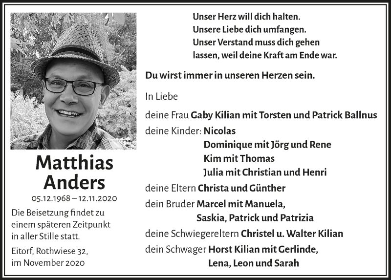  Traueranzeige für Matthias Anders vom 20.11.2020 aus  Extra Blatt 