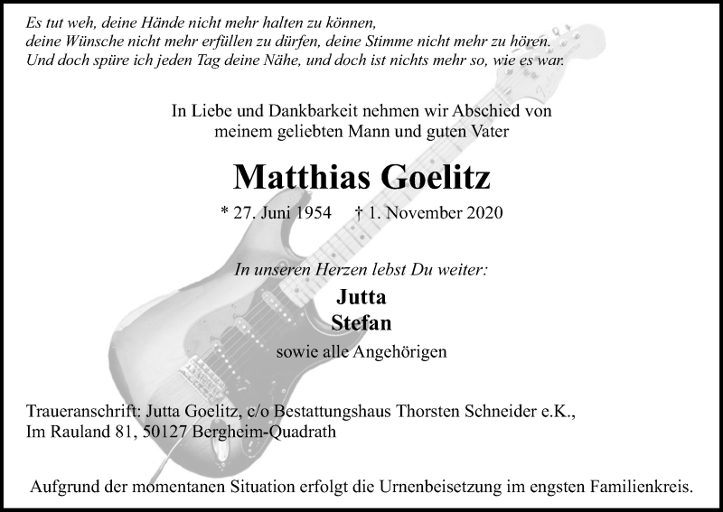  Traueranzeige für Matthias Goelitz vom 07.11.2020 aus Kölner Stadt-Anzeiger / Kölnische Rundschau / Express