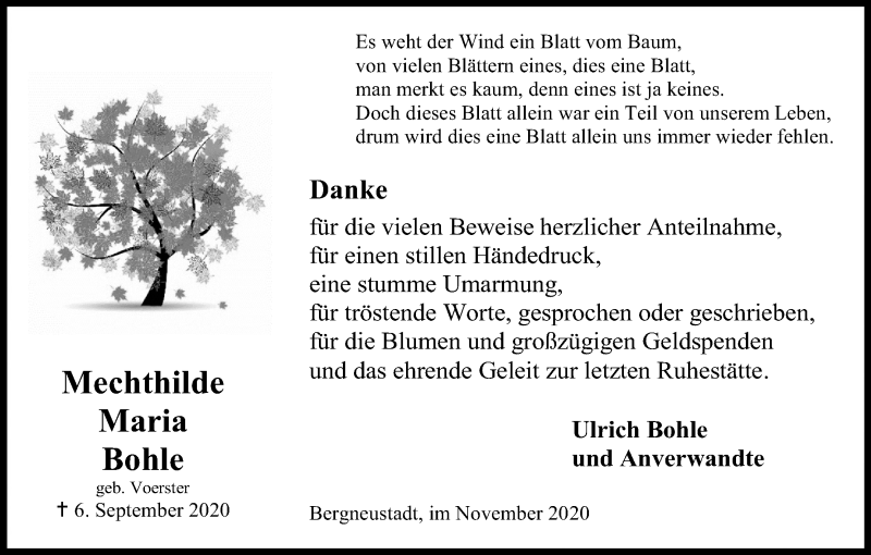  Traueranzeige für Mechthilde Maria Bohle vom 14.11.2020 aus Kölner Stadt-Anzeiger / Kölnische Rundschau / Express