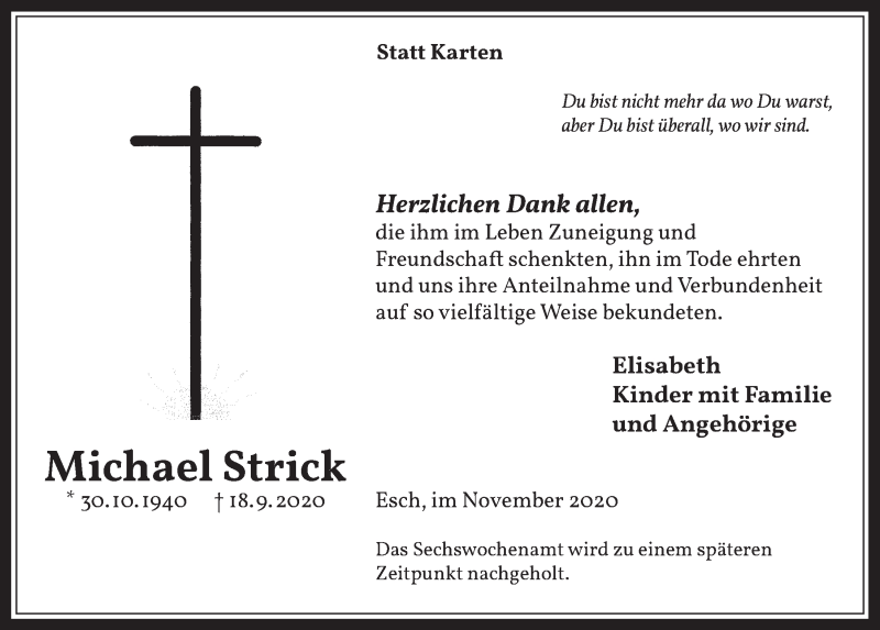  Traueranzeige für Michael Strick vom 13.11.2020 aus  Werbepost 