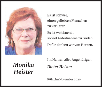 Anzeige von Monika Heister von Kölner Stadt-Anzeiger / Kölnische Rundschau / Express