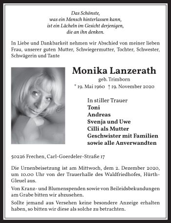 Anzeige von Monika Lanzerath von  Wochenende 