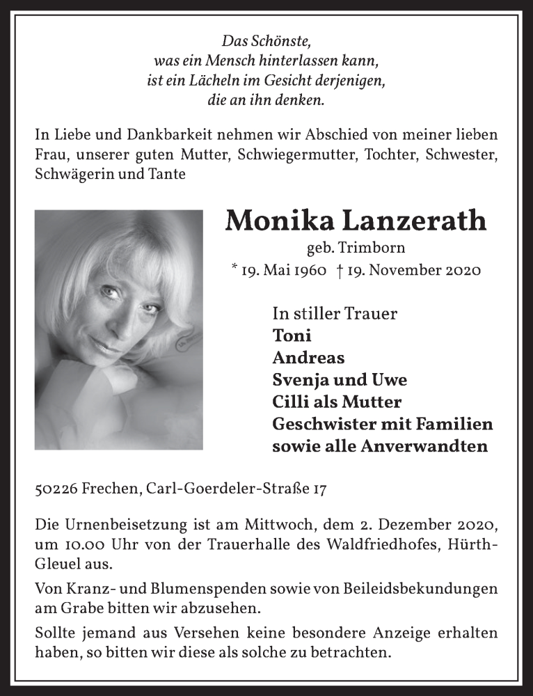 Traueranzeige für Monika Lanzerath vom 27.11.2020 aus  Wochenende 