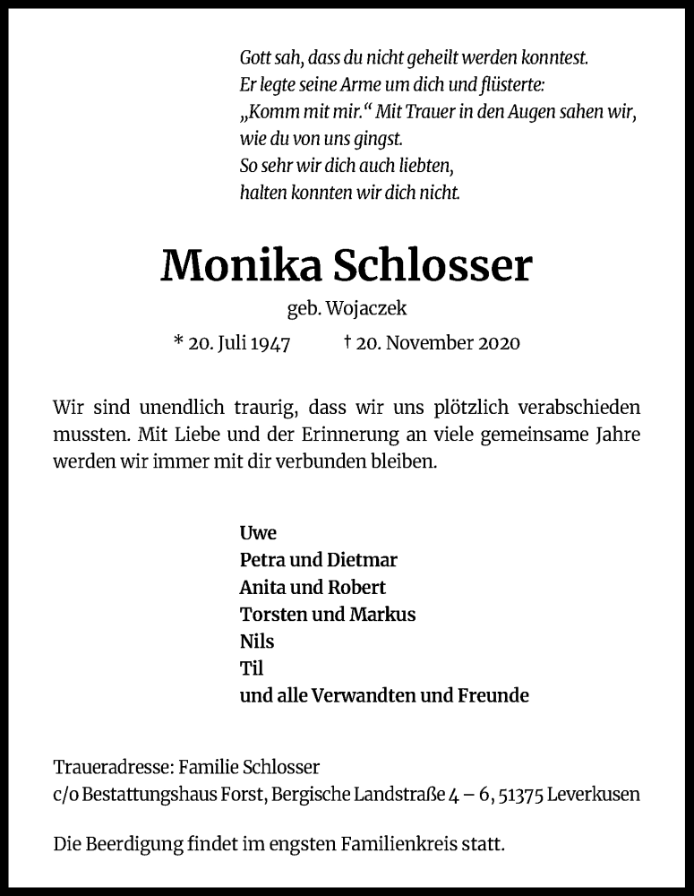 Traueranzeige für Monika Schlosser vom 28.11.2020 aus Kölner Stadt-Anzeiger / Kölnische Rundschau / Express