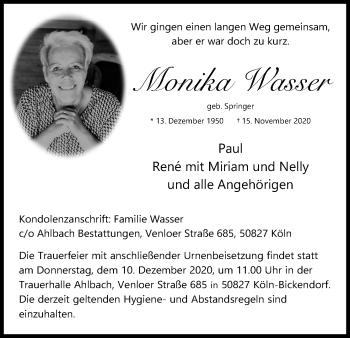 Anzeige von Monika Wasser von Kölner Stadt-Anzeiger / Kölnische Rundschau / Express