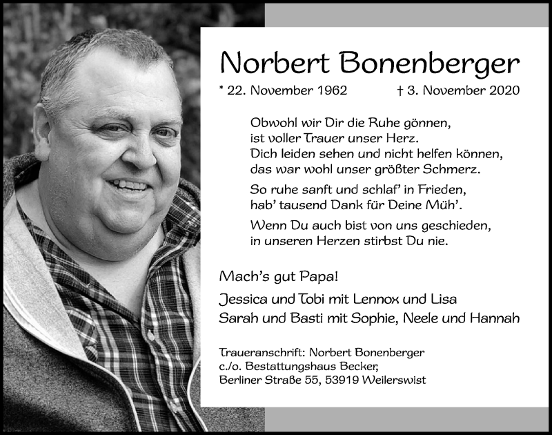  Traueranzeige für Norbert Bonenberger vom 14.11.2020 aus  Blickpunkt Euskirchen 