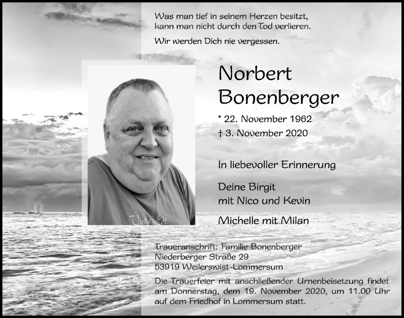  Traueranzeige für Norbert Bonenberger vom 14.11.2020 aus  Blickpunkt Euskirchen 