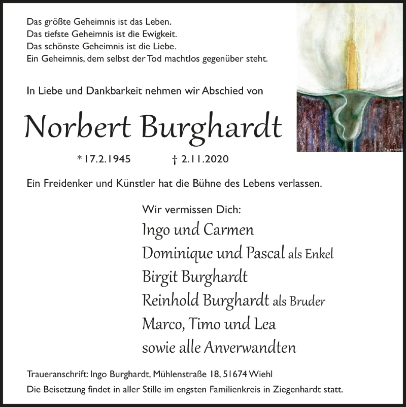  Traueranzeige für Norbert Burghardt vom 06.11.2020 aus  Anzeigen Echo  Lokalanzeiger 