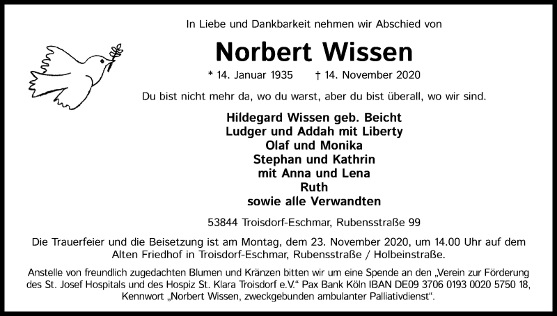 Traueranzeige für Norbert Wissen vom 21.11.2020 aus Kölner Stadt-Anzeiger / Kölnische Rundschau / Express