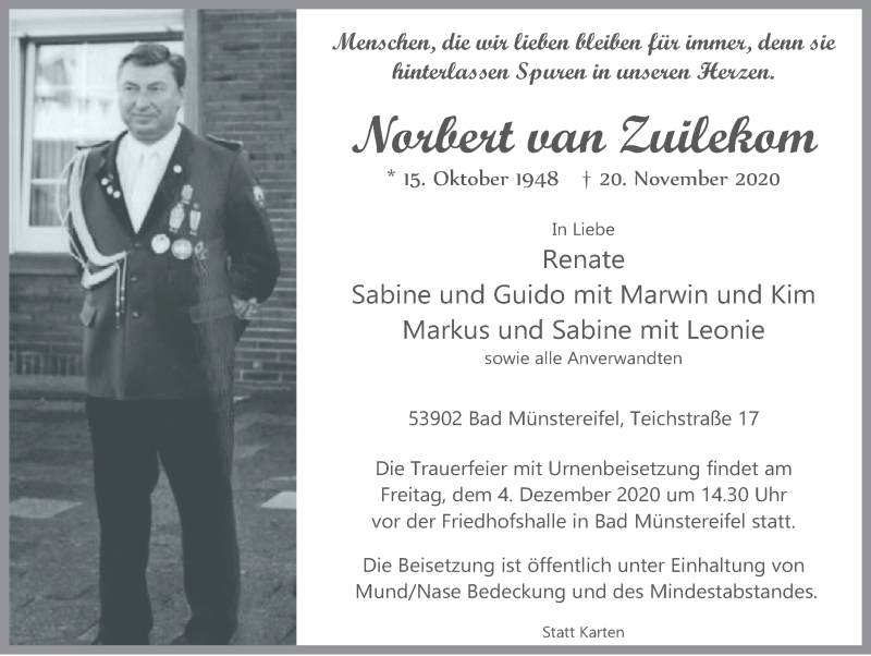  Traueranzeige für Norbert van Zuilekom vom 28.11.2020 aus  Blickpunkt Euskirchen 