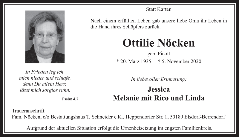  Traueranzeige für Ottilie Nöcken vom 13.11.2020 aus  Werbepost 