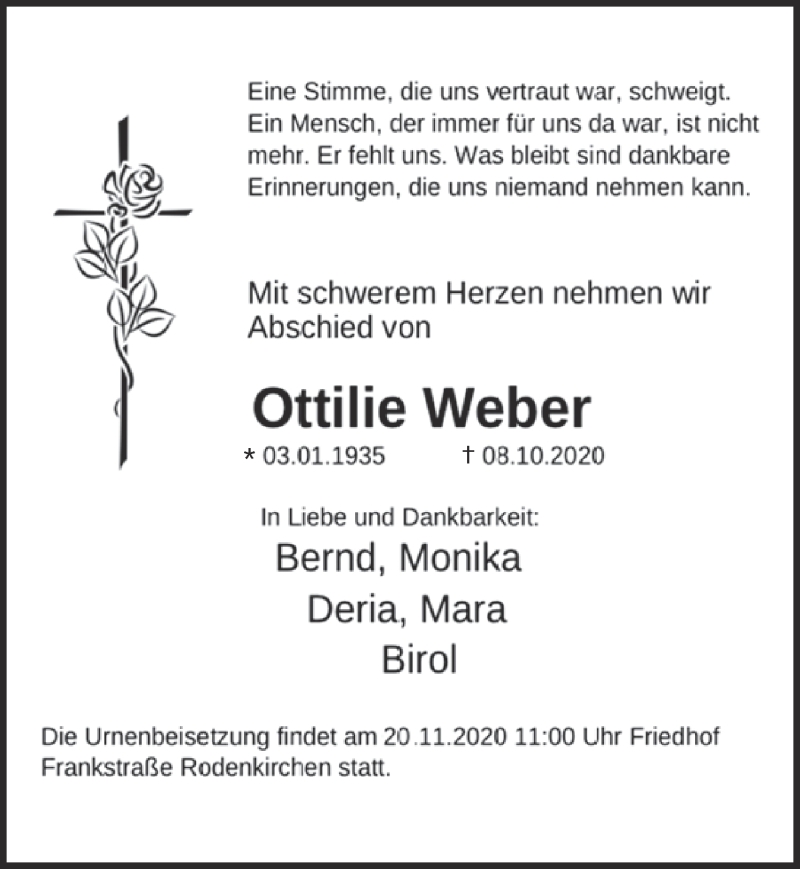  Traueranzeige für Ottilie Weber vom 13.11.2020 aus  Kölner Wochenspiegel 