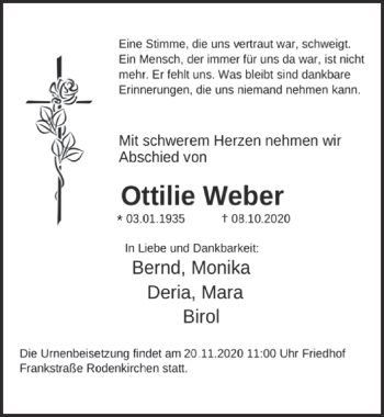 Anzeige von Ottilie Weber von  Kölner Wochenspiegel 