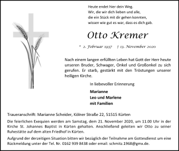 Anzeige von Otto Kremer von Kölner Stadt-Anzeiger / Kölnische Rundschau / Express