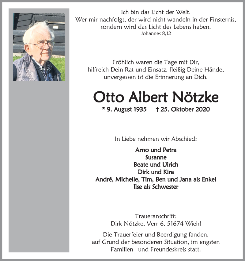  Traueranzeige für Otto Albert Nötzke vom 07.11.2020 aus Kölner Stadt-Anzeiger / Kölnische Rundschau / Express