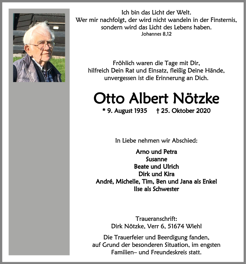  Traueranzeige für Otto Albert Nötzke vom 06.11.2020 aus  Anzeigen Echo  Lokalanzeiger 