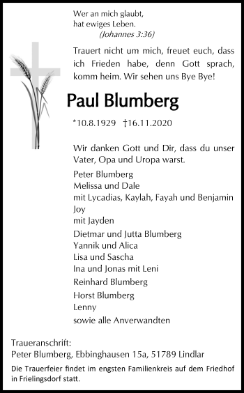 Anzeige von Paul Blumberg von Kölner Stadt-Anzeiger / Kölnische Rundschau / Express