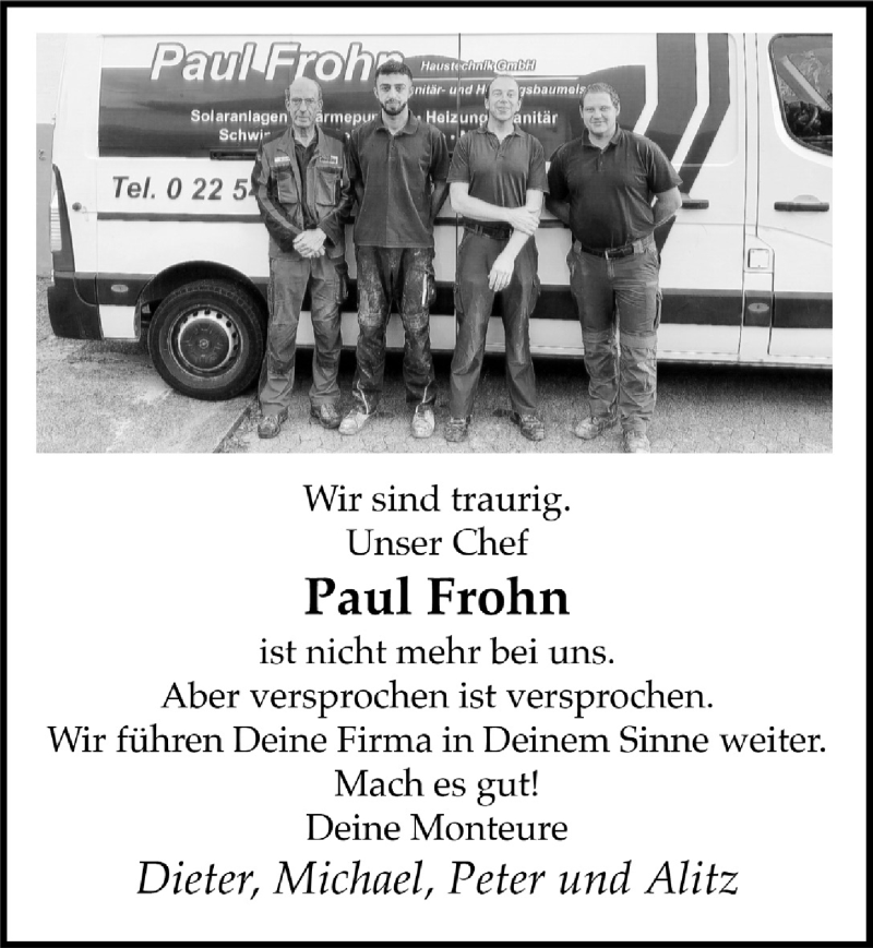  Traueranzeige für Paul Frohn vom 21.11.2020 aus  Schaufenster/Blickpunkt 