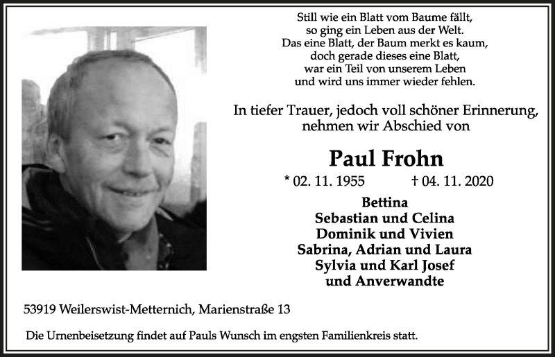  Traueranzeige für Paul Frohn vom 14.11.2020 aus  Schaufenster/Blickpunkt 